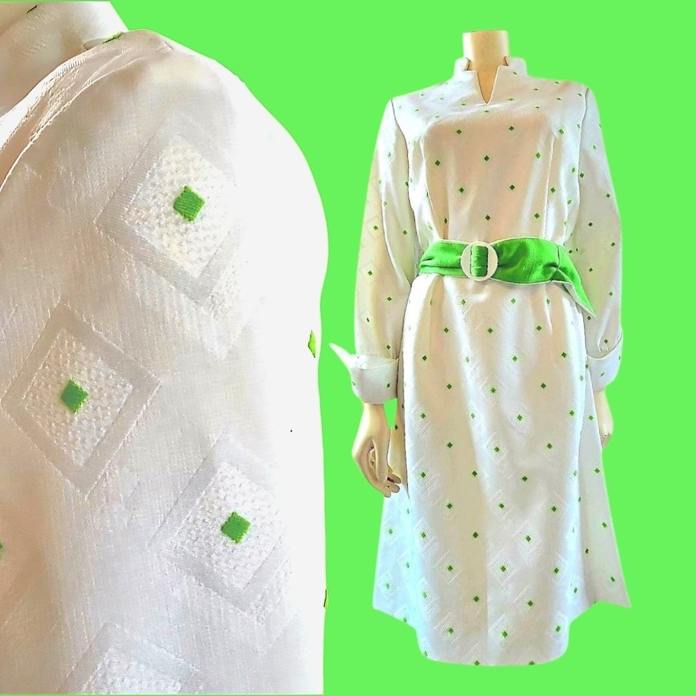Vintage Mod White & Green Midi Dress Sz 12 W Belt New With‎ Tags